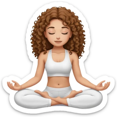Brunette long curly hair Woman wearing white gym set with eyes closed and long eyelashes doing yoga mediation  sticker