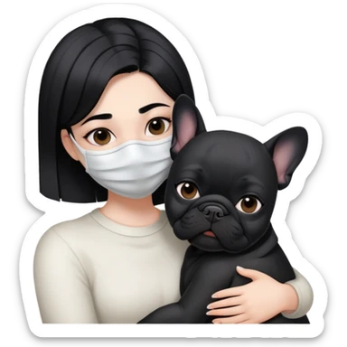 girl with short black straight hair wearing a mask and hugging a black French bulldog sticker