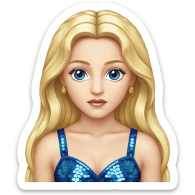 Madonna with blonde long hair, gold sequin crop top, blue eye sticker