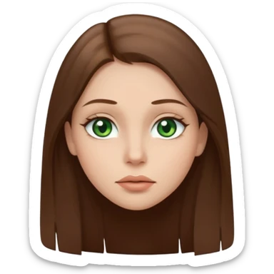 Female face emoji. Straight long brown hair, fair skin, green eyes, neutral expression, closed lips, minimal makeup sticker