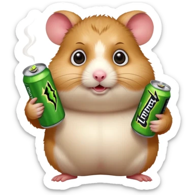 Funny cartoon-style fat hamster with big wide eyes  holding a can of monster energy in one hand and redbull in the other hand sticker