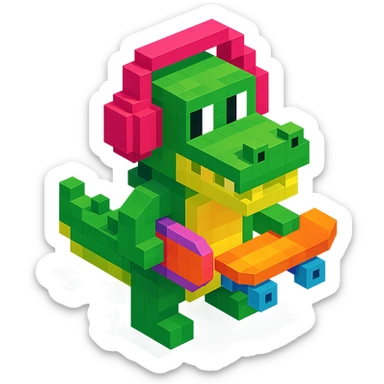 crocodile with headphones holding a skateboard, isometric view, voxel style sticker