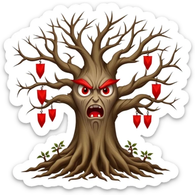 Tree with roots with red flags on the tips and angry faces hanging on the tips of the tree branches sticker
