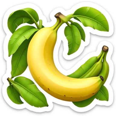 Cinematic Realistic Banana Emoji, Bright and cheerful, with a smooth, yellow peel slightly speckled with spots, revealing a soft, sweet interior. The banana is curved elegantly, standing out against the soft green leaves. Soft glowing outline, capturing the essence of tropical sweetness and energy in a ripe banana. sticker