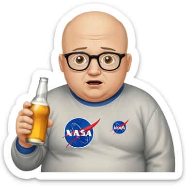  chubby weepy salesperson, beer bottle, complaining, not much hair, nasa sweatshirt, with glasses, 40 years old sticker