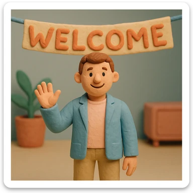 human character, center-frame, casual smart clothing in pastel blues, pinks, and neutrals, warm smile, one hand raised in a wave, stylized 'Welcome' banner behind, isometric perspective, soft diffuse studio lighting, subtle shadows, light depth of field, smooth rounded shapes, realistic skin texture, clean polished surfaces, modern minimalistic setting sticker