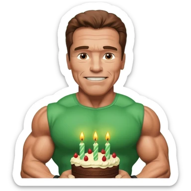 Arnold Schwarzenegger saying happy birthday . Birthday in a green color with big font . Arnold with his muscles sticker