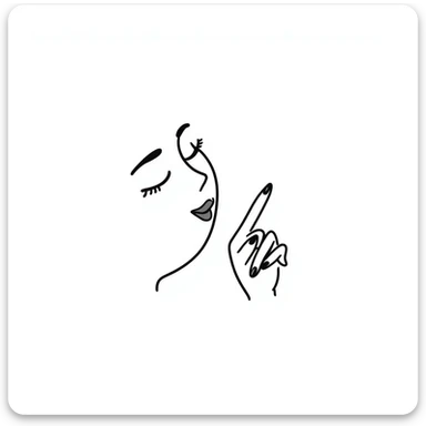 A hand-drawn face with closed smiling eyes with eyelashes, pursed lips wearing lipstick, and a hand with painted nails where only the thumb is out sticker