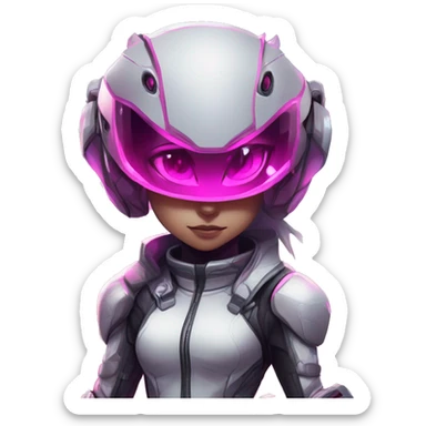 White, Chibi, White body, Anthro-Sona-Lizard-Alien-Salazzle-Mew-Fakémon, with pink eyes, with a futuristic visor-helmet, techwear-cyberpunk suit, Full Body sticker