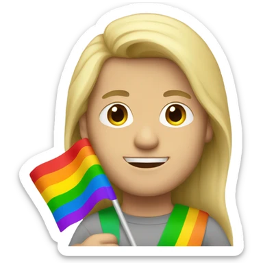 caucasian man with straight long blonde hair holding rainbow flag sticker