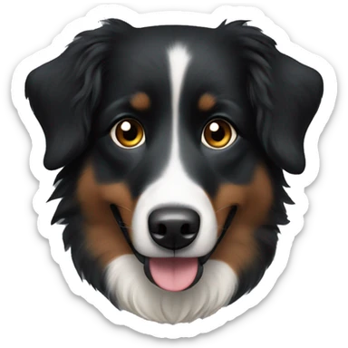 Small black australian shepherd dog with dark brown eyes and black face sticker