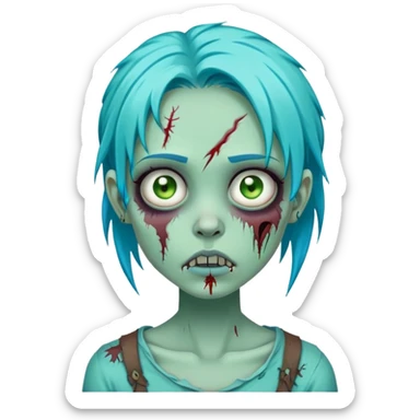 zombie girl with turquoise blue hair, pale green skin, stitches on face, cartoonish undead appearance sticker