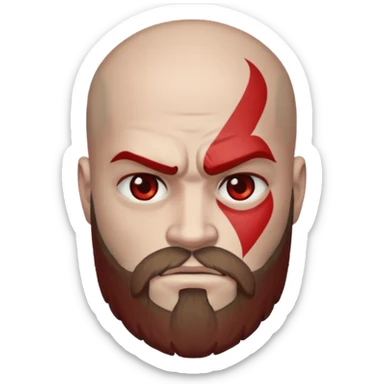Kratos depicted as an Android emoji, with a stern face, red tattoo, and beard, in a clean, minimal, flat Android emoji style sticker