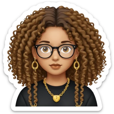Mixed girl /curly long hair brown / with black eyes glasses black sweat shirt middle part little gold earring and gold chain  sticker