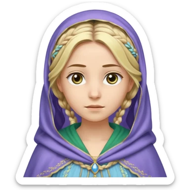 
mujer, Joven, de aspecto dulce y elegante.
Piel clara, ojos grandes y expresivos (pueden ser azules o verdes), sonrisa triste.
Rubio o castaño claro, largo, con trenzas o velo.
Vestido largo de tonos suaves (blanco, azul o lavanda), con bordados dorados; un manto o toca fina cubriendo la cabeza.
 sticker