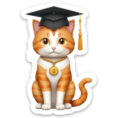 cat sitting, graduation cap on head, scales of justice in front sticker