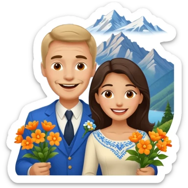 Laughing Couple traveling in Montenegro russian man and elegant  Latina girl delicate flowers and mountains in the background sticker