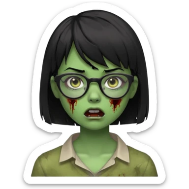 faça uma menina zumbi,da cor verde,com o cabelo curto preto até o pescoço,franja,óculos pretos,olhos escuros,boca meio aberta e alguns machucados pelo rosto sticker
