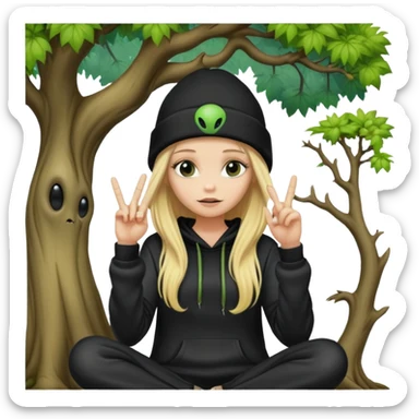 long haired blonde sitting by a tree with her middle finger up. I want her wearing a black beanie and an alien hoodie sticker