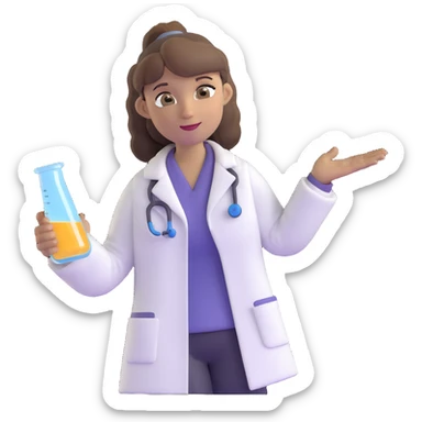 middle-aged science teacher, light brown hair in ponytail with bangs, brown eyes, wearing a lab coat sticker