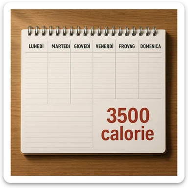 Hyperrealistic top-down view of a weekly calendar in Italian, showing days from Monday to Sunday. Only Saturday and Sunday have the text '3500 calorie' large, centered, and in red below, with no red circle on Friday. 4K details, desk atmosphere. sticker