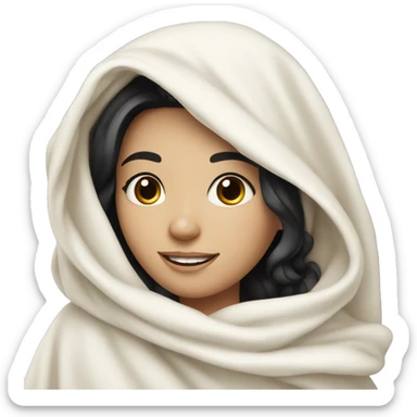 Girl with black hair and pale skin smiling and having a white blanket draped across her   sticker