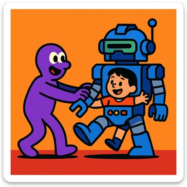 a purple character pushing a child into a robot suit, vibrant colors, stylized, no violence, clear scene sticker