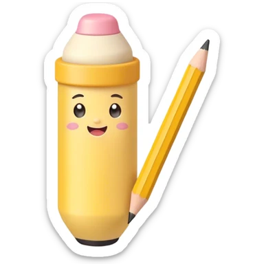 Cute Kawaii Fat Pencil, round and chunky, soft pastel yellow with a cute eraser cap, tiny winking face, glowing highlights, cheerful and ready for doodles! sticker