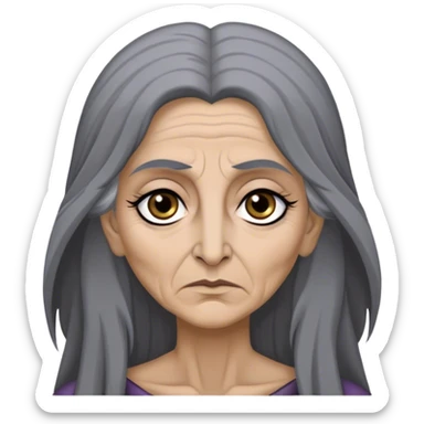 Mirri Maz Duur is a weathered, age 50 Lhazareen woman with deep-set dark eyes, high cheekbones, and a sharp nose, giving her a stern, knowing expression. Her long, unkempt dark hair streaked with gray falls loosely over her shoulders sticker