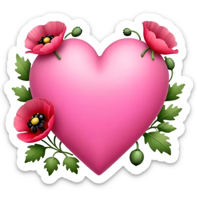 pink heart with poppies and ladybugs inside sticker