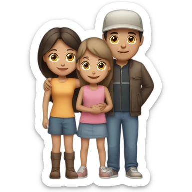 A girl hugs both her parents (light skin color, dark hair - mother with a headdress and father with a cap) sticker
