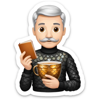 A fish, a German fish, sipping on a cappuccino in Austria. They are wearing a black turtleneck sweater tucked into black pleated pants, with a mustache and prismatic scales almost like rainbow fish, but not quite because that’d be copyrighted. They are reading a good book sticker