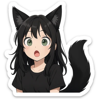 a surprised girl with huge green eyes, black fox ears, and a tail, dark hair sticker