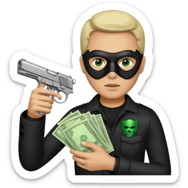 Un emoji con una mascara negra con una pistola pequeña en la mano y que en la otra mano tenga una paca de billetes sticker