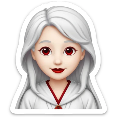 vull un perosnatge estil bimoji que sigui com una nimfa bella i fantasmal amb túniques blanques. Té la pell literalments blanca com el guix, cabell platejat, un nas llarg, ulls negres grans i llavis carmesí. que estigui somrient sense arrecades i vestimenta vermella i blanca sticker