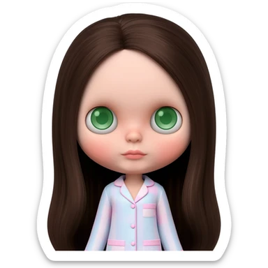 Make me an emoji that is wearing pajamas maker her a Blythe doll type emojiMake her hair longer Make her hair darker Make her hair a darker brown give her pale skin Maker more peach white pale Get rid of the rosiness in her cheeks and make her eyes green Make her eyes a lighter green sticker