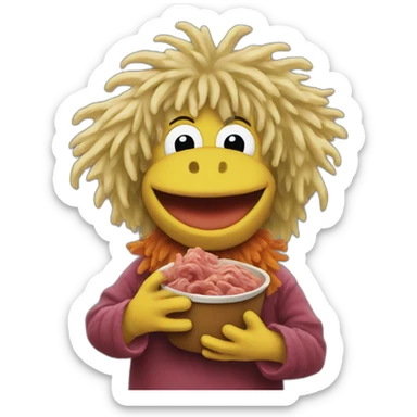 Fraggle with blond hair eating beef sticker