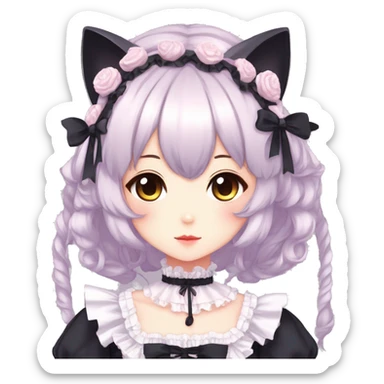Gorgeous gothic Lolita anime style catgirl with blushing face with maid outfit laces headdress idol model kawaiicore pearly petite simplistic aesthetic trending style sticker