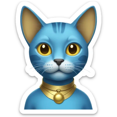  A blue cat with horns and a gold shirt sticker