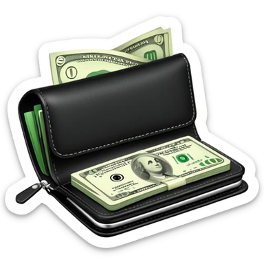 black wallet with green dollar bills visible inside and a small clock in top right corner positioned over the wallet sticker