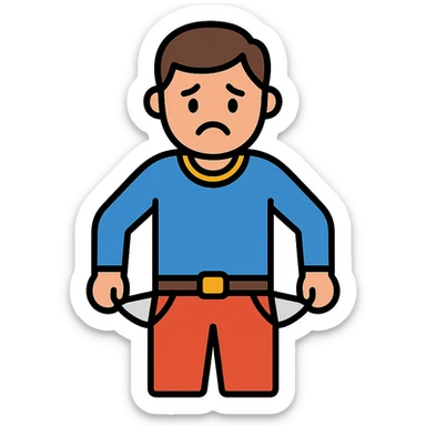 sad man with empty, turned-out pockets colored icon sticker