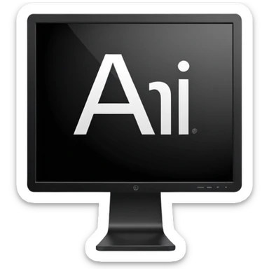 Minimalistic flat vector icon, iOS style, thin black contour on white background. Adobe Illustrator logo "Ai" inside a simple square, clean and modern, no text outside the logo, no shadows. Optionally placed on a minimal computer monitor outline sticker