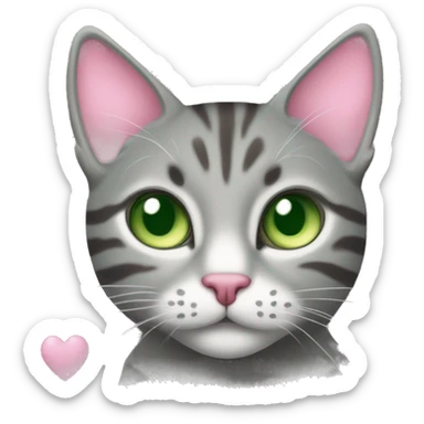 A grey tabby cat with a pink nose and green eyes is surrounded by hearts sticker