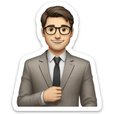 Pale skinned fit man with dark brown hair in gray jacket, beige office shirt, brown tie, brown pants and vintage glasses Writing on the flipchart sticker