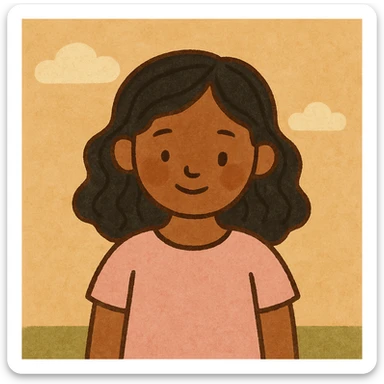 brown girl with black wavy hair, wearing a cute light pink shirt, modern friendly illustration style sticker