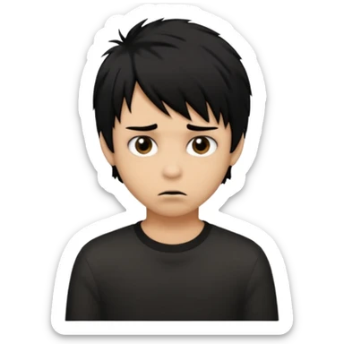 Boy, light brown skin, black hair, short long, emo, shaggy, creepy expression sticker