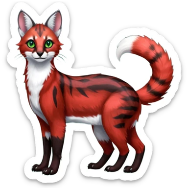 Colorful dark tropical sanguine-red, black, white fur, with green eyes, iridescent glorious divine exotic cute cool beautiful shiny beautiful fantasy-caracal-civet-genet-sergal-vernid-Cacomistle-oncilla-animal-Fakémon-hybrid-fursona with pattern markings (full body) sticker