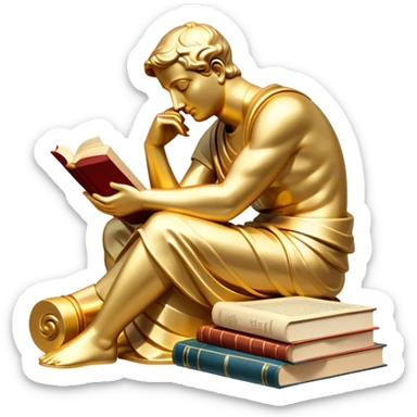 An icon featuring a Thinker statue, a scroll, symbolizing philosophy. The design includes books and abstract symbols representing deep thought and wisdom. Transparent background highlights the study of ideas, logic, and existential questions sticker
