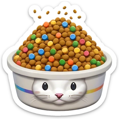 in the style of pixel art, make a food bowl . In the bowl is white cat food which is piled so high on top of the bowl. There are small pieces of rainbow food in the bowl too. there is only food in the bowl sticker