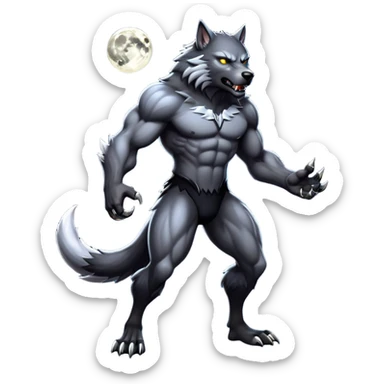 cinematic-noble-fierce-werewolf-full body-emoji, poised-and-imposing, with a tall, slender, muscular frame, fur rippling in shades of midnight black and silver, eyes glowing with an intense, primal ferocity, reflecting the untamed power of the wild moonlit night; rendered with realism sticker